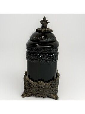 Drake Design Onyx Black Medium Canister Medium Tuscan Scroll Fleur De Lis Base
